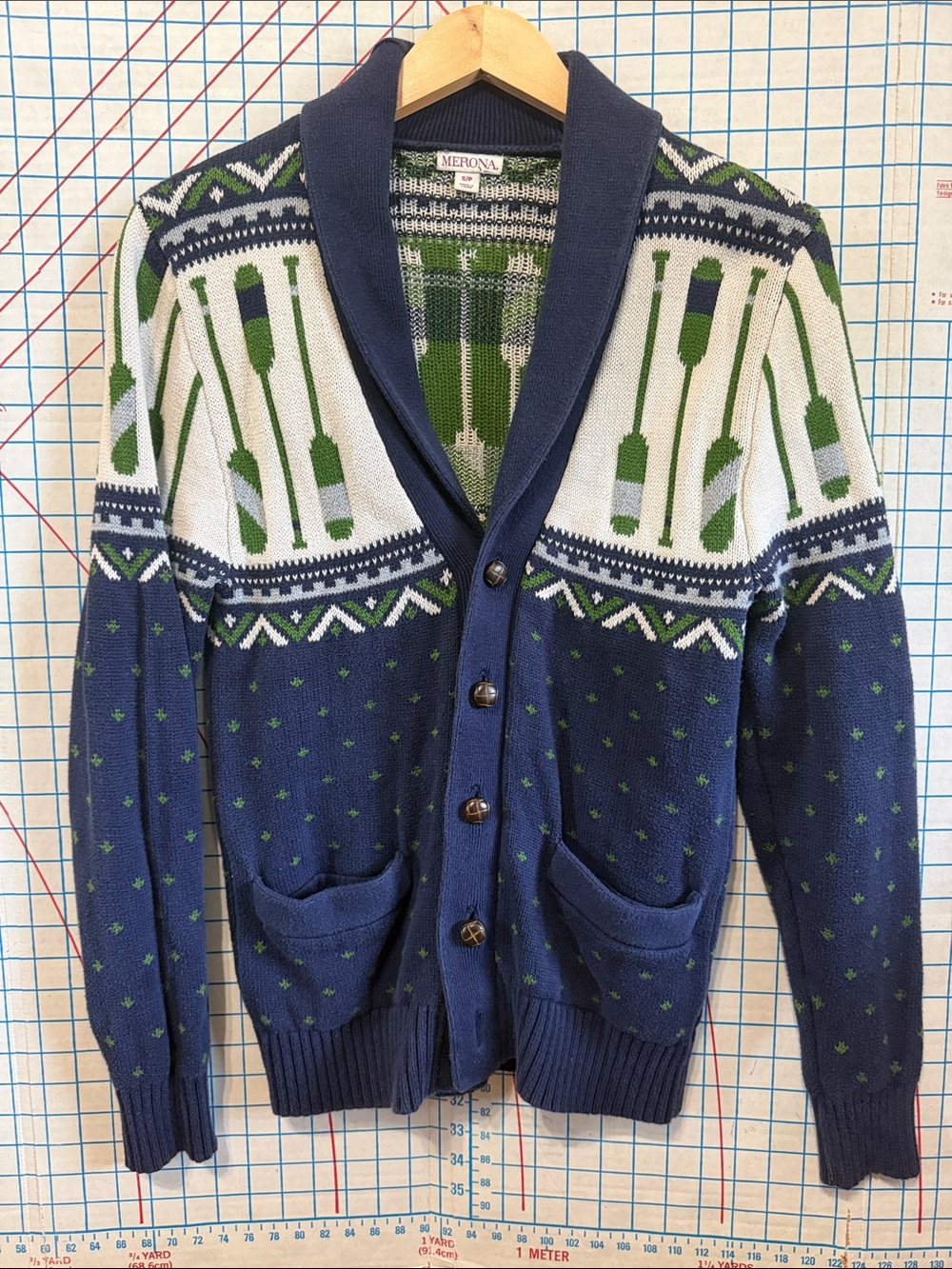 Merona Navy Shawl Collar Cardigan with Green Fair Isle Accents